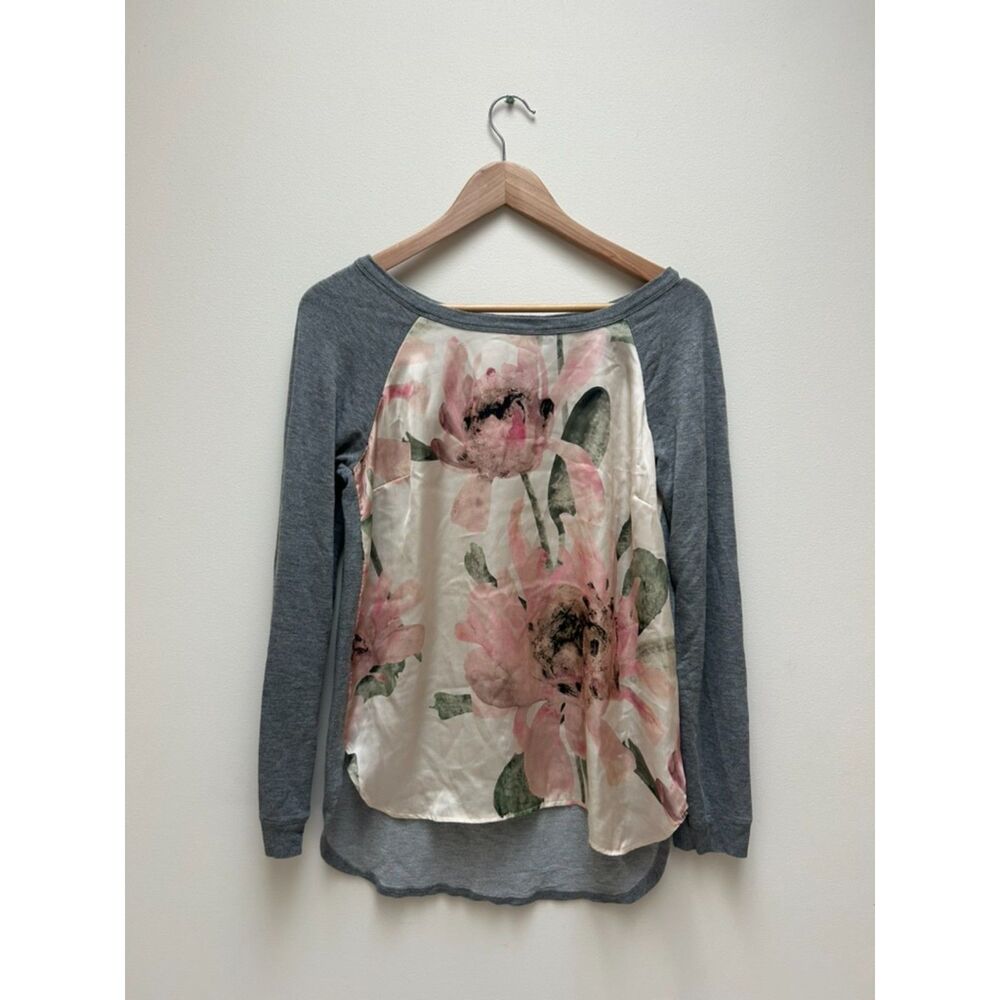 Anthropologie Floral Silk Panel Grey Long Sleeve Tee size S
